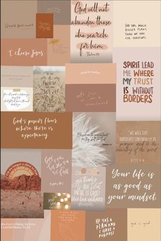 a collage of different types of words and phrases in brown, pink, beige, and white