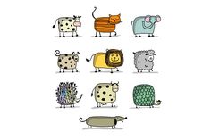 cartoon animals with different colors and sizes