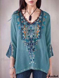 OliviaMark - Exquisitely Stitched Long Sleeve Blouse with Embroidered Design Casual Blue Embroidered V-neck Top, Blue V-neck Top With Floral Embroidery, Casual Long Sleeve Blouse With Intricate Embroidery, Light Blue Floral Embroidered V-neck Top, Blue Blouse With Geometric Embroidery For Spring, Spring Blue Geometric Embroidered Blouse, Blue Casual Embroidered V-neck Top, Light Blue Embroidered V-neck Top, Bohemian Green Tops With Intricate Embroidery