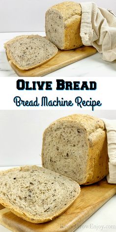 an image of bread sliced on a cutting board with the words olive bread in it