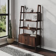 a wooden shelf next to a window with a potted plant on top of it