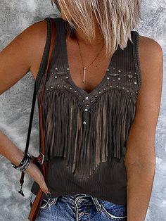 Women's Western Fringe Print V-Neck Sleeveless Tank Top Womens Country Outfits, Western Chic Fashion, Country Outfits Women, Western Chic, Fabulous Clothes, Boho Chic Outfits, Cowgirl Outfits, Indian Style, Trendy Clothes For Women