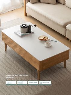 a coffee table with some food on it