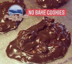 three chocolate cookies on a baking sheet with the words no bake cookies