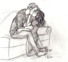 a drawing of a man and woman sitting on a couch with their arms around each other