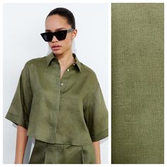 Nwt. Zara Green 100% Linen Cropped Shirt. Lapel Collar And Wide Short Sleeves. Front Hidden Button Closure. Size L. Ref. 2677/386. Pit To Pit 23" Flat, Shoulders 21,5", Sleeves 11,5", Length "20,5. 1007 Green Summer Blouse For The Office, Green Summer Blouse For Office, Green Summer Office Blouse, Green Spread Collar Blouse For Summer, Green Summer Tops For Office, Olive Cotton Summer Shirt, Summer Olive Cotton Shirt, Spread Collar Blouse For Summer Day Out, Summer Blouse With Spread Collar For Day Out