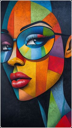 a painting of a woman's face with multicolored shapes on her face