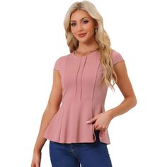 This Allegra K cap sleeve peplum top is an absolute must-have for anyone looking to add a touch of elegance and glamour to their wardrobe. The fitted waistline flows seamlessly into a flaring peplum hem, creating a flattering silhouette that will complement any body type. This stylish blouse can be paired with any bottoms to create a chic outfit suitable for any occasion. Not only will it enhance your beauty, but it will also add a touch of sophistication to your wardrobe, making it a versatile Feminine Solid Color Short Sleeve Tops, Feminine Tops For Work In Solid Color, Feminine Solid Color Tops For Workwear, Feminine Solid Color Workwear Tops, Feminine Fitted Peplum Top With Short Sleeves, Feminine Peplum Blouse For Work, Fitted Feminine Pink Peplum Top, Feminine Fitted Peplum Tops, Elegant Short Sleeve Peplum Top For Work