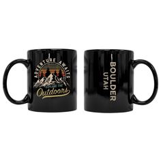 two black coffee mugs with mountains and the words boulder, colorado on each one