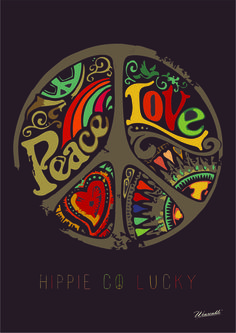 a peace sign with the words hippie co lucky written in different colors on it