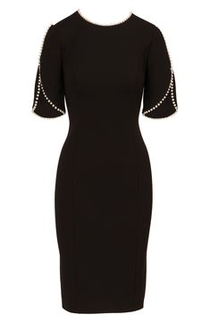 Glossy imitation pearls add a lilt of luster to this chic dress that's ready to be a part of an elegant evening out. 42" length Hidden back-zip closure Jewel neck Short sleeves Lined 95% polyester, 5% elastane Dry clean Imported Elegant Bodycon Sheath Evening Dress, Glamorous Evening Bodycon Sheath Dress, Elegant Embellished Dresses For Work, Formal Knee-length Bodycon Evening Dress, Glamorous Formal Dresses With Pearl Embroidery, Formal Bodycon Knee-length Evening Dress, Elegant Bodycon Mini Dress For Formal Occasions, Chic Embellished Midi Dress For Work, Elegant Formal Bodycon Mini Dress