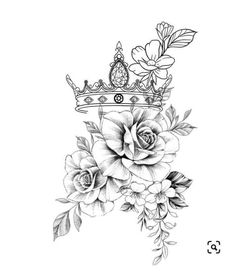 a black and white drawing of flowers with a crown on top