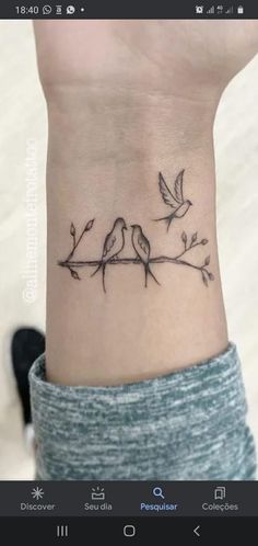 Wrist Tattoos For Women Birds, 3 Birds Tattoo Wrist, Small Wrist Memorial Tattoos, Bird Tatoos Woman Wrist, Two Birds On A Branch Tattoo, 3 Birds On A Branch Tattoo, Love Bird Tattoos For Women, Best Friend Bird Tattoos, Three Birds On A Branch Tattoo