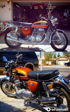 two pictures of motorcycles parked in front of a garage and one has an orange motorbike