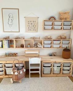 a child's playroom with shelves and toys