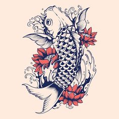 a koi fish with red flowers in its mouth