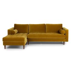 Theres a reason this is our most popular sofa. This modern take on a mid-century classic features crisp lines, a tufted benchseat, and three luxuriously stuffed back cushions. Two matching round bolsters complete the look. Gold Ottoman, Mid Century Modern Sectional Sofa, Mid Century Modern Sectional, Gold Sofa, Modern Sofa Couch, Sectional Chaise, Velvet Loveseat, Tufted Bench, Contemporary Mid Century Modern