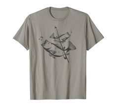 a gray t - shirt with an image of two fish and a fishing rod on it