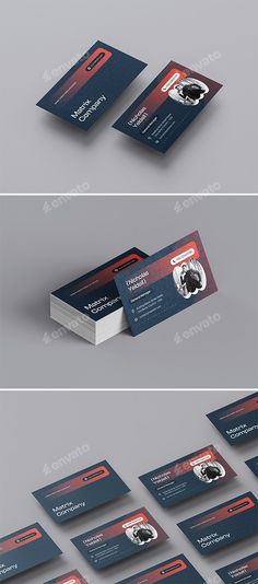 three different business cards with red and blue stripes on them, one is for the photographer