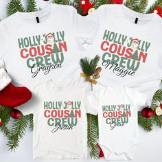 Christmas Cousin Crew Shirt with name are perfect shirts for all your cousins this holiday season! In the personalization box, enter the name that you want on the front of your shirt (Ex: Jessica) How to Order: 1.Please check and review all photos. 2.Choose the size and color you would like for the first shirt.  Click "Add to cart".   3.     Select the size and color you would like for the 2nd shirt.  Click "Add to cart".   4.     Repeat these steps until you have added all the shirts you want t Customizable White Tops For Holiday, Customizable White Christmas Tops, Customizable Cotton Tops For Holidays, White Tops For Christmas Birthday, Cousin Crew Christmas Shirts, Crazy Cousin Crew, Crazy Cousins, Cousin Crew, Christmas T Shirt