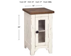 a white wooden cabinet with an open door on the front and bottom, measurements for each drawer