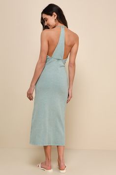 Greet the warmer season and soak up the rays in the Lulus Sunny Admiration Washed Sage Green Ribbed Sleeveless Midi Dress! Stretchy ribbed knit, with a trendy washed effect throughout, shapes this casual dress with an apron-style neckline and a sleeveless bodice with a modified racerback design. The figure-flaunting silhouette continues into a bodycon skirt that ends at a modern midi hem. Fit: This garment fits true to size. Length: Mid-calf length. Size medium measures 47.25" from shoulder to h Sleeveless Ribbed Midi Dress For Spring, Spring Sleeveless Ribbed Midi Dress, Ribbed Sleeveless Dress For Summer, Ribbed Sleeveless Summer Dress, Summer Ribbed Halter Neck Dress, Casual Ribbed Sleeveless Midi Dress, Spring Ribbed Sleeveless Dress, Casual Ribbed Sleeveless Summer Dress, Sleeveless Ribbed Midi Dress For Beach