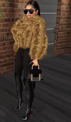 a woman in a fur coat carrying a purse