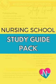 the nursing school study guide pack is shown in blue, yellow and pink with an image of