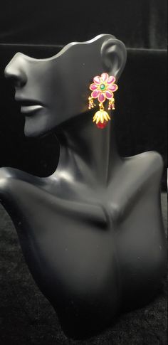 "These Earrings set has an excellent finish and gives out an exquisite sense of style. If you are looking for an amazing Fashion Jewelry set for special occasions such as Anniversary, Engagement, Party, Wedding, or for gifting, then your search ends here. Handmade Indian Temple Jewelry, best to wear it for traditional ceremonies or Indian wedding. This bridal jewelry has an ethnic finish. It has Cubic Zircon stones with semi-precious ruby and emeralds. It is a Bollywood style one gram jewelry. T Gold Plated Temple Jewelry Bridal Earrings, Party Hand Set Yellow Gold Earrings, Gold Plated Bridal Earrings For Party, Gold-plated Bridal Earrings For Party, Party Yellow Gold Hand Set Earrings, Festive Gold Plated Bridal Earrings Gift, Gold Plated Temple Jewelry Jhumkas As Gift, Festive Gold-plated Bridal Earrings As Gift, Gold Jhumkas With Matching Earrings For Celebration