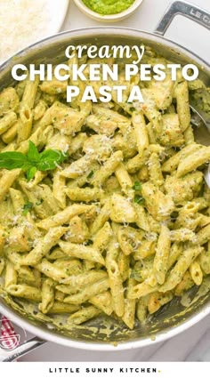 creamy chicken pesto pasta in a pan