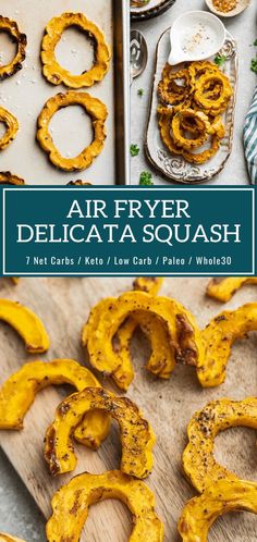 air fryer delicata squash on a cutting board with the title above it