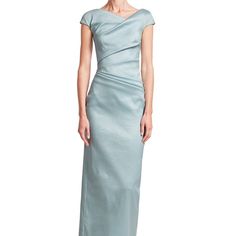 Talbot Runhof Sorbet Gazar Gown Color: Baby Blue Size: 6 A Metalized Fabric Brings A Romantic Shimmering Finish To This Fitted Evening Gown. Sunburst Pleats Add A Dynamic Texture. Asymmetric V-Neck Cap Sleeves Zip Closure Back Split At Skirt Polyester/Polyamide/Metalized Polyester/Eastane Dry Clean Imported Formal Pre-draped Bias Cut Gown, Evening Mother Of The Bride Dress With Ruched Bodice, Fitted Gown With Pleated Bodice For Formal Occasions, Blue Bias-cut Gown For Gala, Formal Fitted Gown With Ruched Bodice, Blue Fitted Gown With Bias Cut, Fitted Blue Gown With Bias Cut, Fitted Blue Bias Cut Gown, Fitted Bias Cut Blue Gown