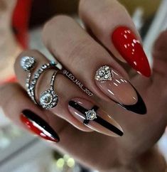 Red Black And Gold Nails, Cross Nail Designs, Red And Black Nails, Red Black Nails, Red And Gold Nails, Inspiration Nails, Punk Nails, Black Nail Designs