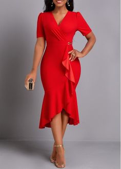 Color:Red;Size:S;Size:M;Size:L;Size:XL;Size:XXL;Package Contents:1 X Dress;Occasion:Work;Style:Elegant; Red Party Dress Short, Latest Dress For Women, Bodycon Dresses Casual, Red Dress Style, Lovely Tops, Red High, African Design Dresses, Plus Size Maxi Dresses, Mermaid Dress