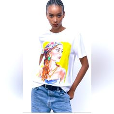 Zara Girl Print T-Shirt 100% Cotton Round Neck New With Tags Size S Trendy Zara Graphic Print T-shirt, Trendy White Zara T-shirt, White Cotton T-shirt With Fashion Print, Zara White T-shirt For Streetwear, Summer Tops With Fashion Print And Relaxed Fit, White Cotton Top With Fashion Print, Summer Fashion Print Tops With Relaxed Fit, Casual Cotton Shirt With Fashion Print, Summer Cotton Tops With Fashion Print