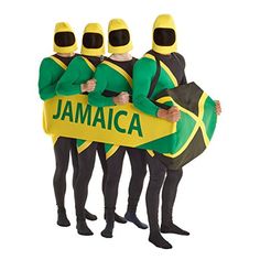 three men in green and yellow costumes holding a jamaica sign