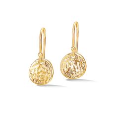 Made in our London studio, this pair of sterling silver 10mm round disc drop earrings have our signature hammered texture and a radiant yellow gold vermeil finish.  Total length - approx. 20mm Dower & Hall designs their jewellery to be worn and treasured. Here are a few simple guidelines to keep your jewellery looking its best: Perfume, skin and hair products can all react with silver causing it to tarnish, cause vermeil to erode and even damage stones – especially pearls. Always apply your prod Hammered Yellow Gold Circular Earrings, Yellow Gold Hammered Circle Earrings, Textured Round Earrings For Gifts, Hammered Yellow Gold Round Disc Earrings, Elegant Tarnish-resistant Round Disc Earrings, Everyday Round Textured Earrings, Everyday Textured Round Earrings, June Birthstone Jewelry, Vermeil Jewelry