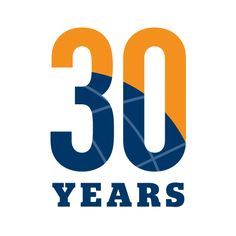 the 30 years logo is shown in blue, orange and white with an orange circle