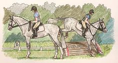 two children are riding on horses in the grass and trees behind them, while another child is sitting on one horse's back