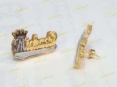 Personalized 14K Gold Plated Double Plate 3D Stud Name Earrings w/ Crown ALL GOLD OR 2TONE or Silver FREE SHIPPING WITHIN US MADE AND SHIP FROM US ANY NAME/WORD UP TO 9 LETTERS ANY THEME / ALL GOLD, SILVER OR 2TONE Name Plate Earrings, Gold Earrings With Name For Anniversary, Gold Name Earrings For Anniversary, Luxury Custom Name Gold Jewelry, Cute Custom Name Gold Jewelry, Name Earrings Studs, Custom Name Gold Plated Nameplate Jewelry, Custom Name Birthday Hoop Earrings, Gold Name Plate Necklace Crown