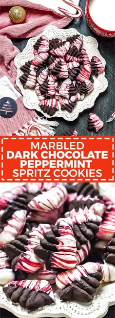 chocolate and marshmallow striped cookies on a plate with the title text overlay