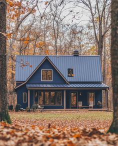 a blue house surrounded by trees and leaves