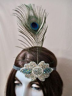 I added the peacock feather to this lovely vintage headband.  The crystal jeweled piece is even prettier in person! The elastic silvery band is stretch and should fit most sizes. If you need more info or pics I am happy to help! Gatsby Headband, Vintage Headband, 20s Flapper, Flapper Headband, Feather Headpiece, Flapper Costume, Vintage Headbands, Costume Hats, Great Gatsby