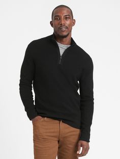 Merino Waffle-Knit Half-Zip Sweater | Banana Republic Winter Half-zip Sweater For Layering, Winter Layering Half-zip Sweater, Wool Half-zip Sweater For Fall, Fall Wool Half-zip Sweater, Casual Cashmere Half-zip Sweater, Black Half-zip Winter Sweater, Casual Half-zip Cashmere Sweater, Cozy Fit Half-zip Fall Sweater, Winter Wool Half-zip Sweater