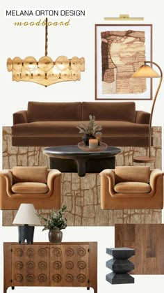 a living room with furniture and decor in shades of brown, beige and gold on the walls