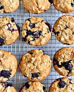 blueberry muffins cooling on a wire rack with oatmeal toppings