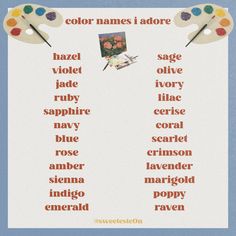 a poster with the words color names i adore in different colors and sizes on it