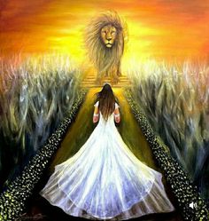 a painting of a woman walking down a path with a lion on the other side