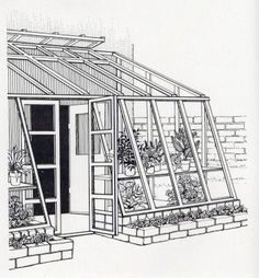 a black and white drawing of a greenhouse