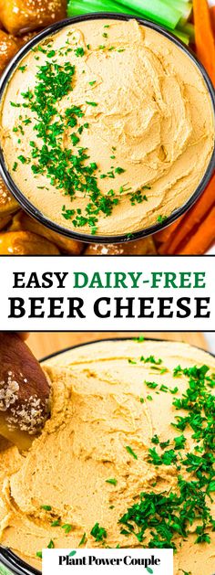 Two overhead photos of a bowl of vegan beer cheese dip sprinkled with parsley and surrounded by pretzel bites. The bottom photo shows a pretzel bite digging into the dip. Text reads: easy dairy-free beer cheese. Pub Cheese Dip, Vegan Beer Cheese, Beer Cheese Recipe, Pub Cheese, Beer Cheese Dip Recipe, Dairy Free Appetizers, Cheese Dip Recipe, Beer Cheese Dip, Vegan Cheese Sauce